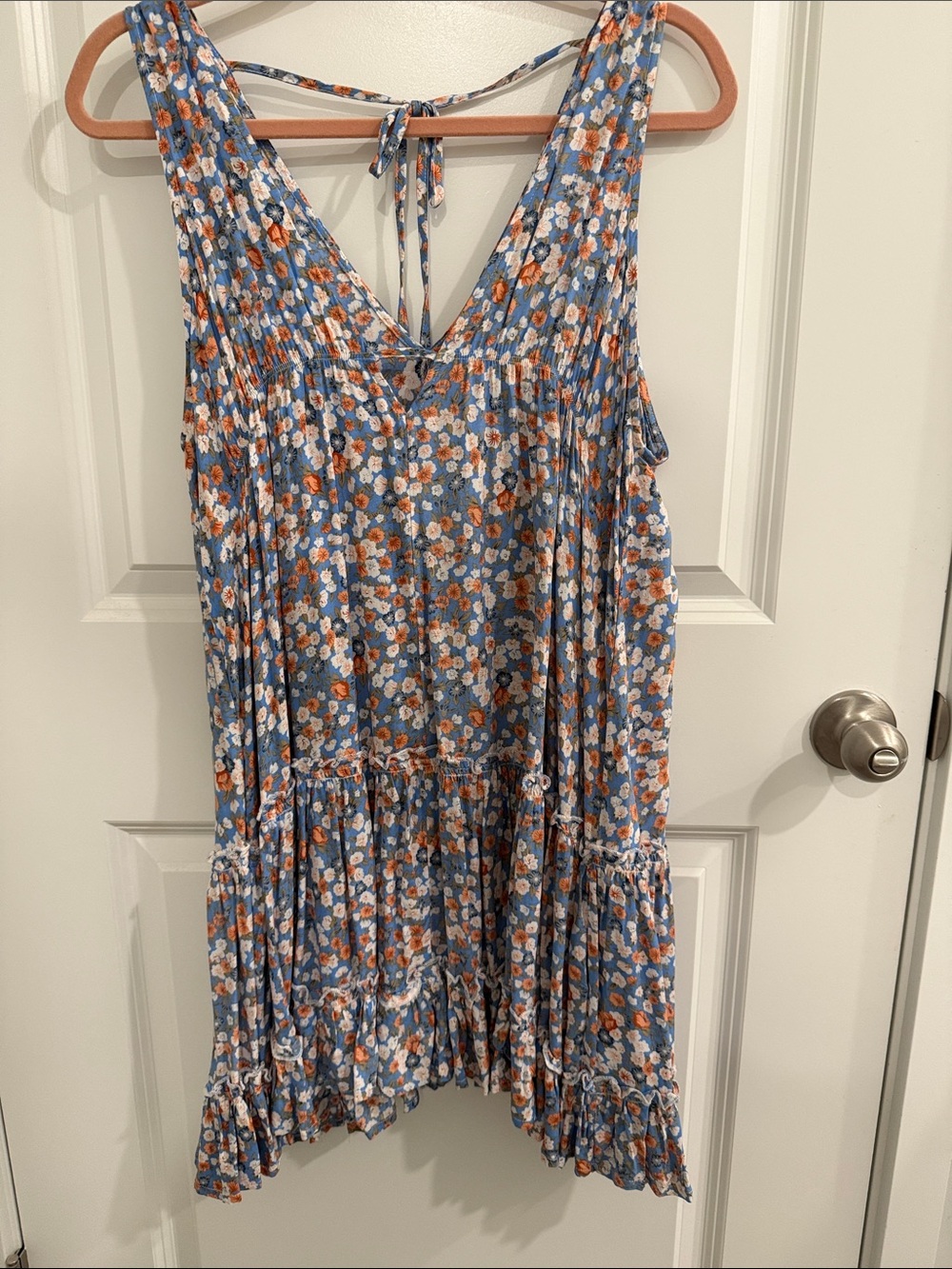 Millibon Blue Floral Tiered Dress with Rust and White Accents